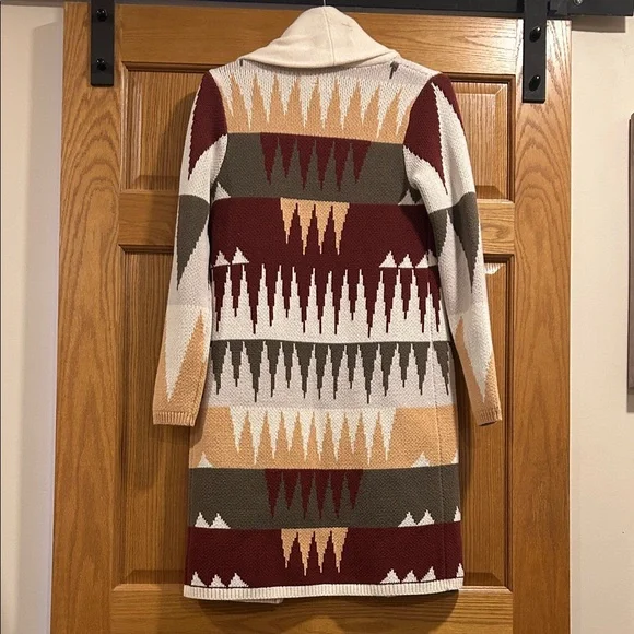 Shyanne Cream, Tan, Olive, and Rust  Geometric Duster Cardigan Size Small - Picture 3 of 6